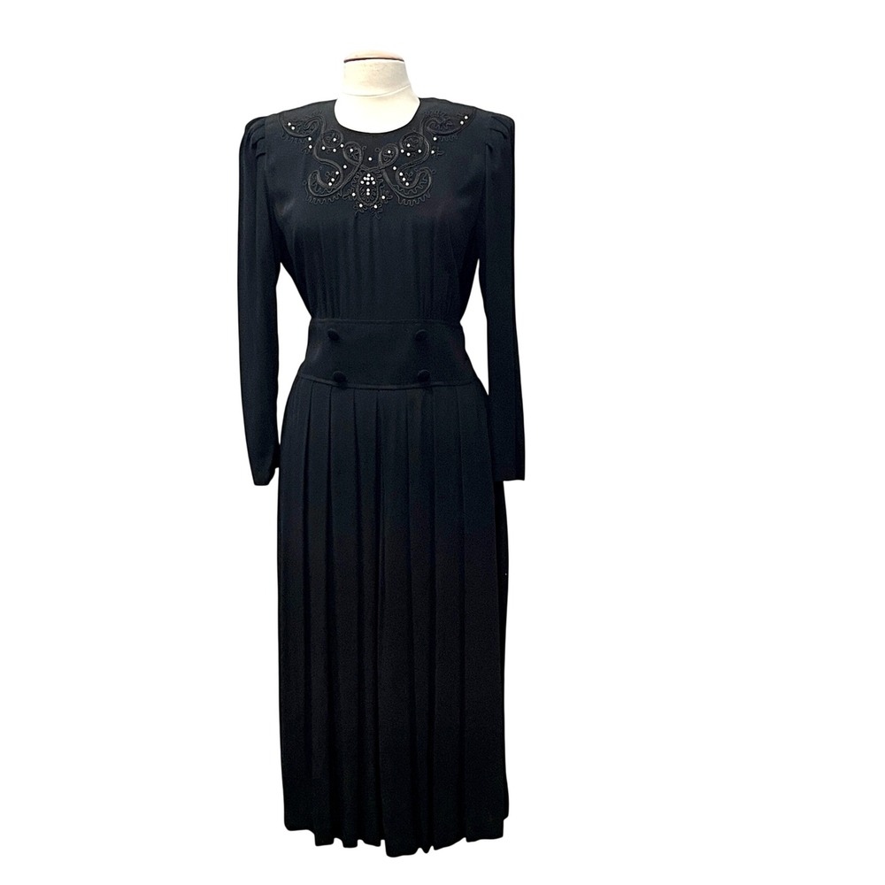 Karin Stevens Vintage Size 10 Black Midi Dress Bead Pleat Victorian Formal Money
